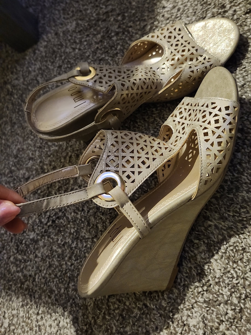 Impo Gold-Beige Laser Cut Wedge Sandals